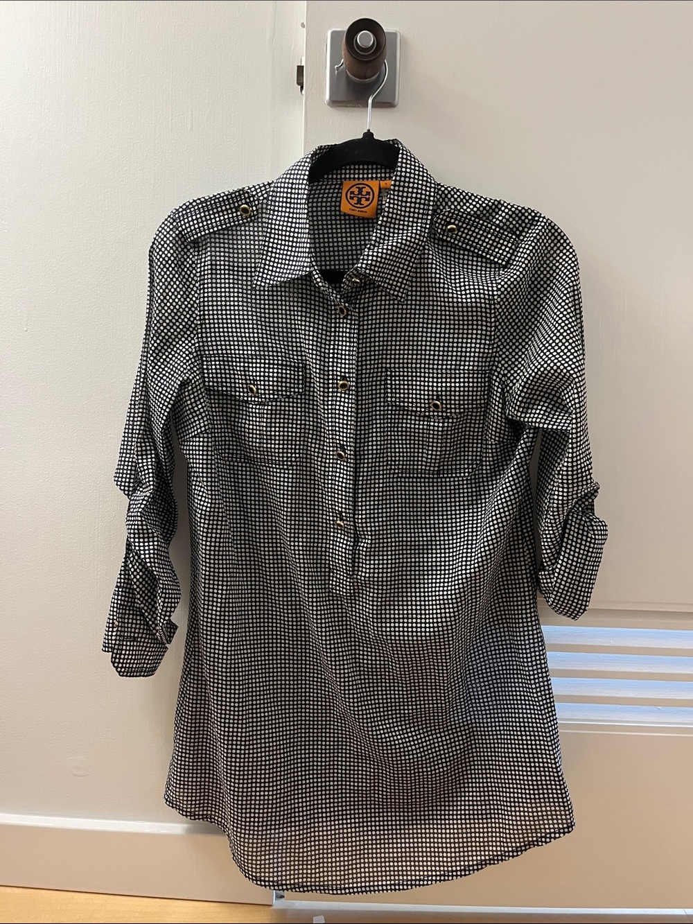 Tory Burch Navy Blur and White Polka Dot Button-Front Blouse